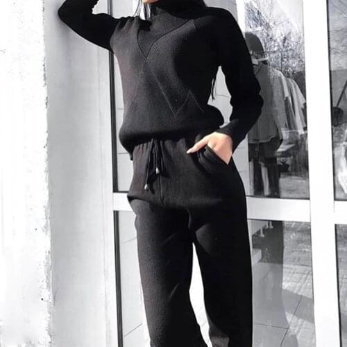 TYHRU Autumn Womens Turtleneck Pure Knit Sweater and Elastic Lace Knitted Trousers Two Piece Suit