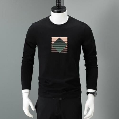 Men Cotton T-Shirt Fashion Geometric Printed Black O-Neck Long Sleeve Tshirt
