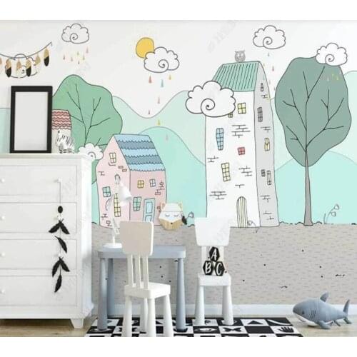 Papel de parede Nordic ins hand-painted cute cloud small house cartoon childrens room 3D wallpaper mural,living room home decor