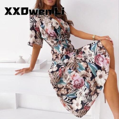 Summer Casual Floral Print Elastic Waist Short Sleeve Midi Dress Sexy Plus size Bohemian Beach Party Vacation Women Long Dress