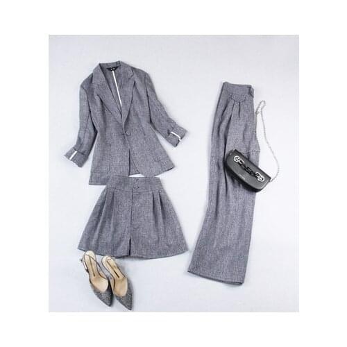 Fashion pants Set female summer autumn New high quality gray casual suit + High waist wide leg pants shorts linen OL set women