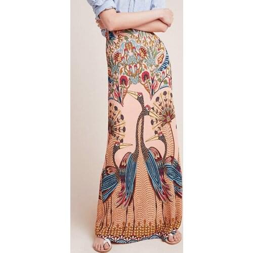 Vintage Print Long Skirt Fashion Women Peacock Opening Maxi Skirt High Waist Pencil Bodycon Straight Casual Holiday Skirts