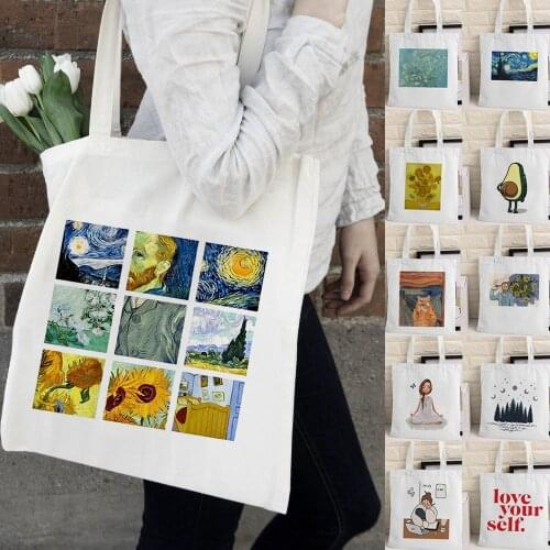 Oil painting Shopping Bag Graphic Tote Harajuku Shopper Bag Women Canvas Shoulder Bag Female Ulzzang Funny Eco Large-capacity