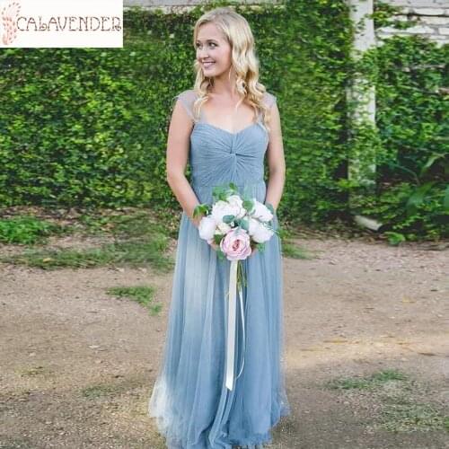 Tulle Dusty Blue Bridesmaid Dresses A-line Spaghetti vestido dama de honor Low Back Wedding Guest Dresses for Summer