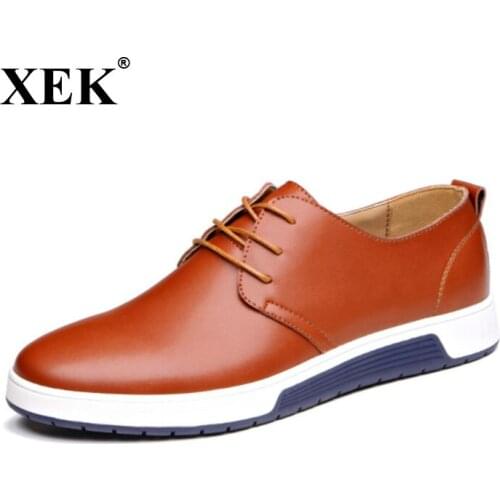 XEK 2018 Brand Mens vulcanized Shoes Leather Fashion Trendy Black Blue Brown Flat Shoes for Men Drop Shipping ZLL45