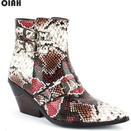 OIAH Western Cowboy Boots Snake Print PU Leather Womens Ankle Boots Wedges High Heel Boots Winter Pointed Toe Cowgirl Botas