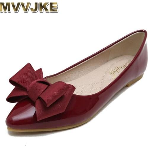 MVVJKE2020 butterfly knot patent leather shoes women without lace candy color flat shoes for woman big size 43 soft ladies shoes