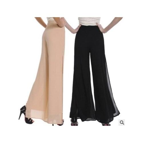 Women wide leg pants high waist double chiffon loose soft dance pants bell bottom casual pants plus size
