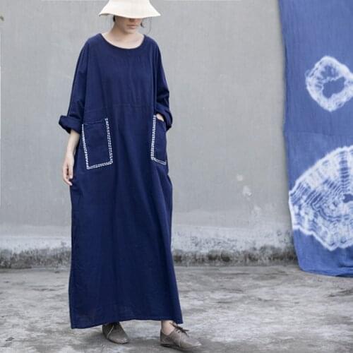 Johnature Cotton Linen Women Robes Vintage Embroidery Dresses Pockets 2021 New Spring O-Neck Long Sleeve Women Casual Dresses