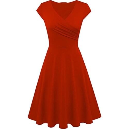 50% Hot Sale Fashion Women Solid Color V Neck Short Sleeve Plated Swing Party Banquet Dress