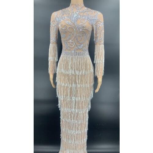 Sparkly Silver Rhinestone Chains Transparent Long Dress Birthday Celebrate Sexy Tassels Dress Prom Dancer Outfit