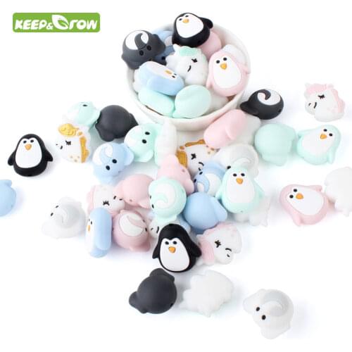 KEEP&GROW 5Pcs Penguin Elephant Unicorn Silicone Beads DIY Baby Animal Beads Cartoon Chewing Jewelry Making Teething Gift Toys