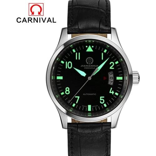 Carnival Super Luminous 25 Jewels Automatic Watch Men Leather Stainless Steel Mechanical Watches Waterproof Mens Clock Calendar