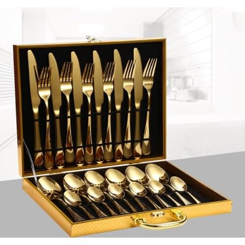 Wooden Box 24 Pcs Gold Tableware Cutlery Dinner Set Knife Fork and Spoon Suitable for Family of 6 Steak Cutlery Gift Box Couvert