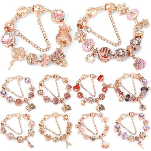 Yexcodes 2021 New Rose Gold Necklace Pink Charm Women Bracelet DIy Charms Bubble Bead Fine Lady Bracelet Direct Gift Sales
