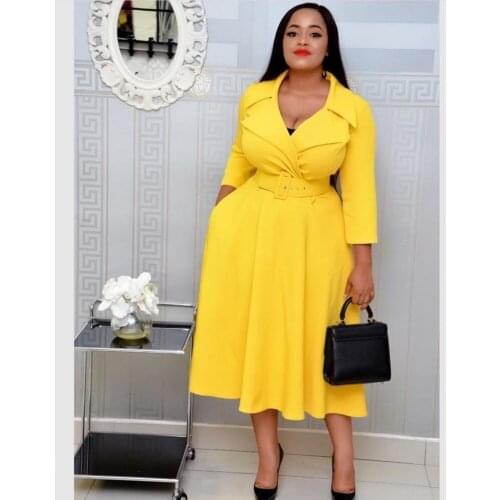 Notched Collar Wrist Sleeve Matching Sashes Plus Size Women Office Midi Dress Yellow Elegant Business Work Wear African Clothes