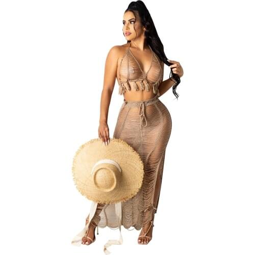 JRRY Sexy Women Knitted Set Two Pieces Crop Top Slit Skirt Crocheted 2 Pieces Set Hollow Out Crochet Beach Knitwear