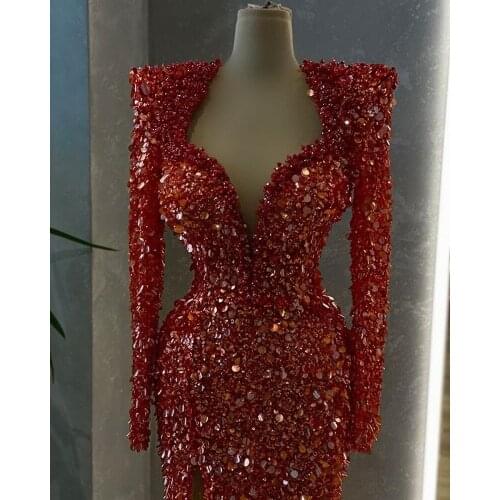 Sparkly Full Sequined Long Sleeves Mermaid Prom Dresses Side Red Luxury Silver Evening Dress Formal Party Pageant Gown