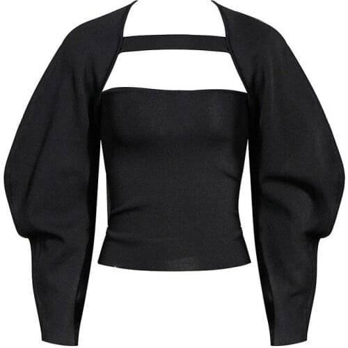 Fround neck lantern sleeves autumn and winter straps model fabric fashion women high street Top set female two pieces C217