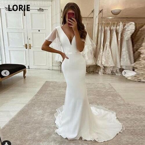 LORIE White Chiffon Satin Wedding Dresses Mermaid Cap Sleeve V-Neck Simple Bride Gown Sweep Train Wedding Party Dress Plus Size