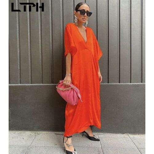 LTPH simple loose midi dress women generous V-Neck solid all-match vintage robe elegant casual satin dresses 2021 summer new