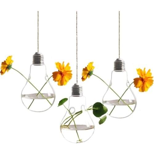 Set of 3 Clear Hanging Light Bulb Shape Glass Planter Terrarium with Strings