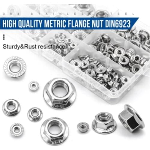 192pcs Hexagon Hex Flange Nut Set M3 M4 M5 M6 M8 M10 M12 Assortment Fixing Fasteners Stainless Steel Accessories