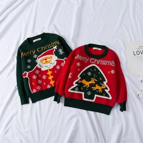 2021 New Kids Sweater Christmas Tree Patterns Round Neck Long Sleeve Knitwear Pullover Tops for Fall Winter 18 Months-7 Years