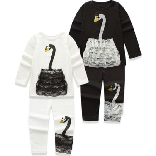 2016 Spring New Pattern Korea Style Baby Lace Swan Unlined Upper Garment Underpant Suit Girl Leisure Time 2 Pieces Set