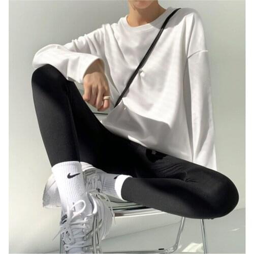 Autumn Mid-length Long-sleeved T-shirt Simple Loose Solid Color Round Neck 2021 New Bottoming Shirt Femme Qm