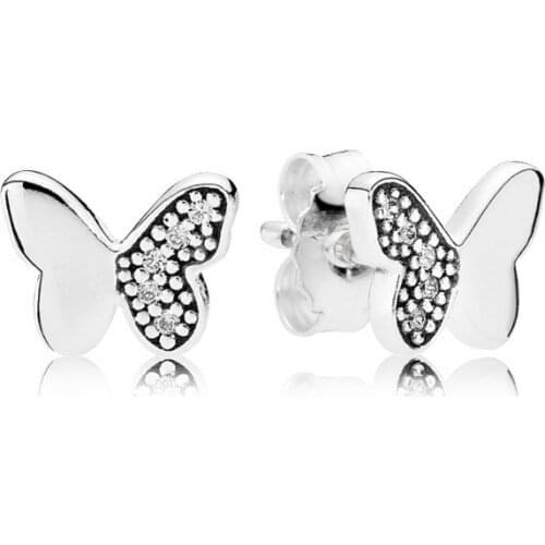Genuine 925 Sterling Silver Shiny Butterfly Flying Liberty Stud Earrings with CZ Earrings Fit Women Jewelry