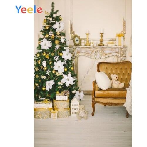 Christmas Tree Gift Fireplace Bear Wooden Floor Home Decor Backdrop Photography Custom Photographic Background For Photo Studio