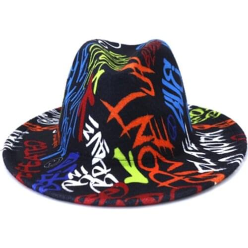 Wide brim graffiti woolen hat couple hats for men and women spring new fashion flat brimmed big brimmed hat jazz hat Panama hat