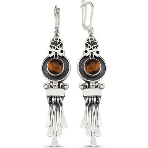 Silverlina Silver Tiger Eye Gemstone Dangle Hand Handwork Earrings