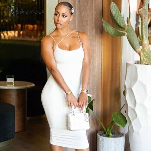 Tobinoone Women Bodycon Dress Sleeveless Spaghetti Straps Fashion Ladies Slash Neck Party Dress Sexy Off Shoulder Midi Dress