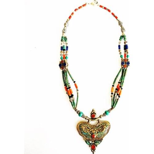 Handmade Vintage Necklace Tibetan Ethnic Fashion Jewelry Brass inlaid Colorful Stone With Big Pendant TNL198