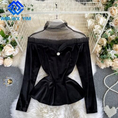 Spring T-shirt Women Fashion Lace Spliced Stand Collar Velvet Tshirt Long sleeve Tees Vintage Tops Female Elegant Short Tshirt