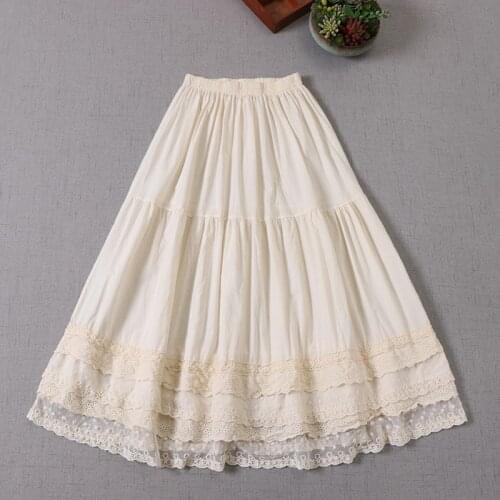 2021 New Summer Women Thin A-line Skirt Mori Girl Solid Color Embroidery Lace Japan Style Loose Cotton Skirt