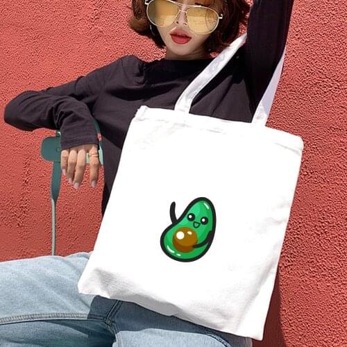 Avocado Cartoon Print Women Shoulder Bag Canvas Shopping Bag Beach Casual Tote for Ladies Large Capacity Foldable Kawaii