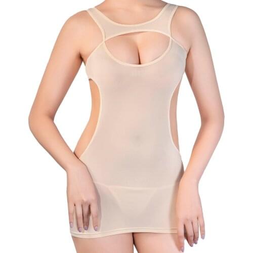 Women Hollow Out See-through Sexy Mini Skirt Sleeveless Backless Leotard Short Dresses Exotic Apparel for Lingerie Party Show
