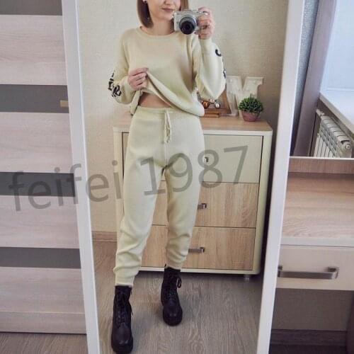 Europe Autumn and Winter 2020 New Off Shoulder Letter Ice Silk Sweater + Elastic Waist Pants Two Piece Suit for Women