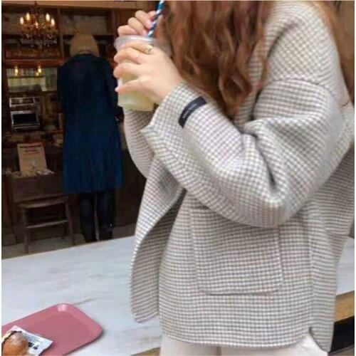 Short Woolen Plaid Coat Female 2021 Loose Casual Houndstooth Outwear Women Blazer Jacket