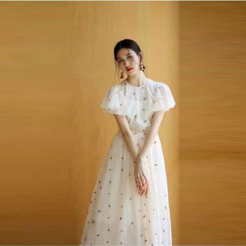 Runway New White Short Sleeve Mesh Embroidered Dress Womens Dress 210630H01