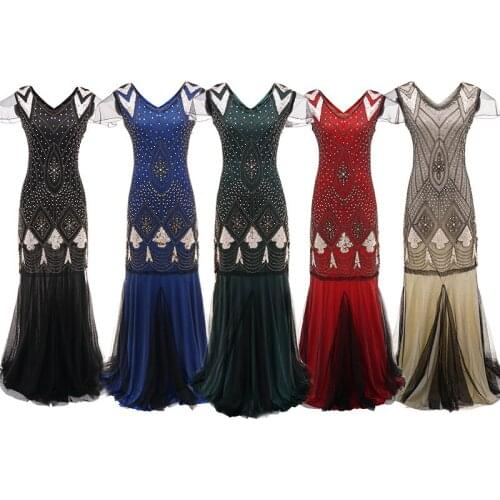 Autumn 1920s Beaded Sequins Gatsby Flapper Dresses Long Vintage Women Dresses Sparkling V Neck Sexy Chic New Club Dresses