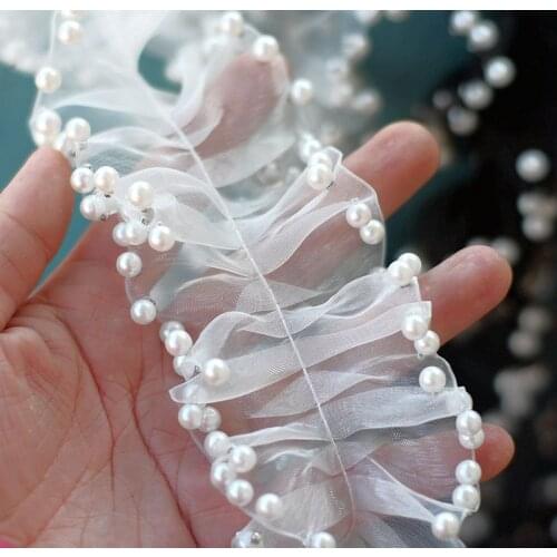 45cm Organza Folds Pearl Lace Beading Accessories Wedding Dress Headdress Decorative Material Baby Skirt Splicing Sewing Decor