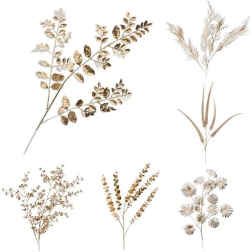 5Pcs Artificial Flowers Decorative Nice-looking Beautiful Golden Series Artificial Flowers Fake Elm Leaves Decor for Wedding