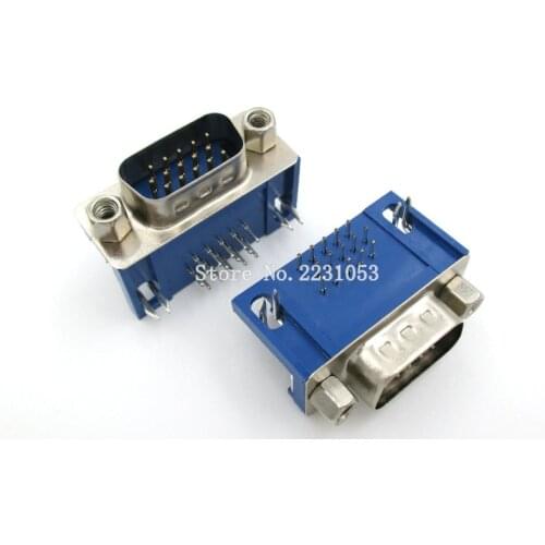 5PCS/LOT DB15 DR15 3Rows Blue Parallel Port 15 Pin D Sub Male 15 Way PCB 90 Degree Connector DB15 Socket Plug VGA Adapter