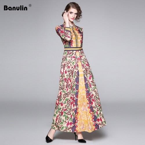 Banulin 2020 Newest Spring Summer Runway Long Maxi Women Dress Charming Floral Printed Long Sleeve Slim Vintage Dress vestidos