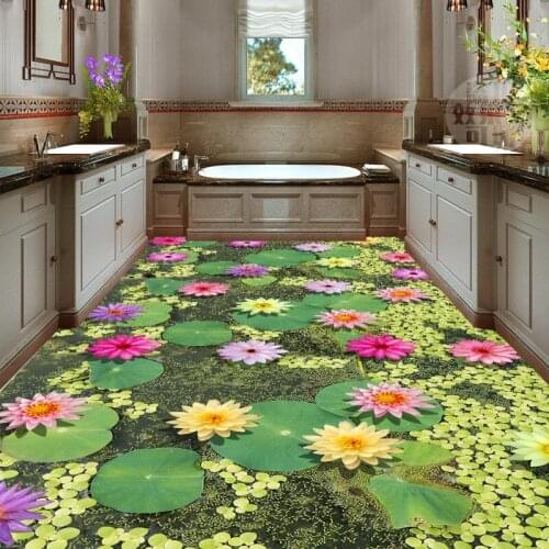 Free Shipping Lotus flower carp lotus leaf 3d floor painting thickened non-slip bathroom living room bedroom flooring mural