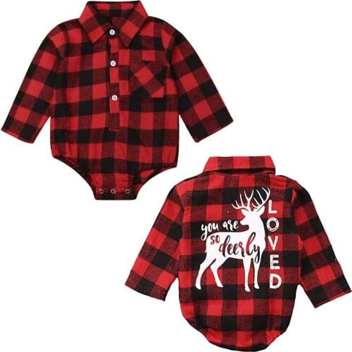 Toddler Baby Plaids Buttons Xmas Bodysuits Clothes Newborn Babies Girls Boys Deer Plaid Bodysuits Outfit Christmas Clothes